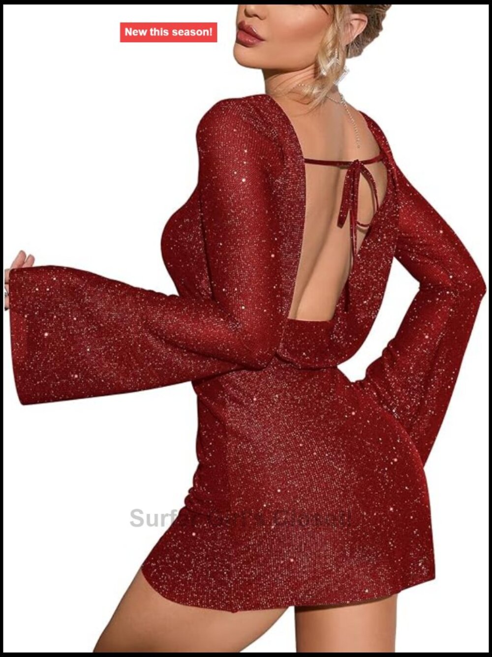 Sparkly Sequin Mini Dress Long Sleeve Backless Tie Glitter Going Out Dress